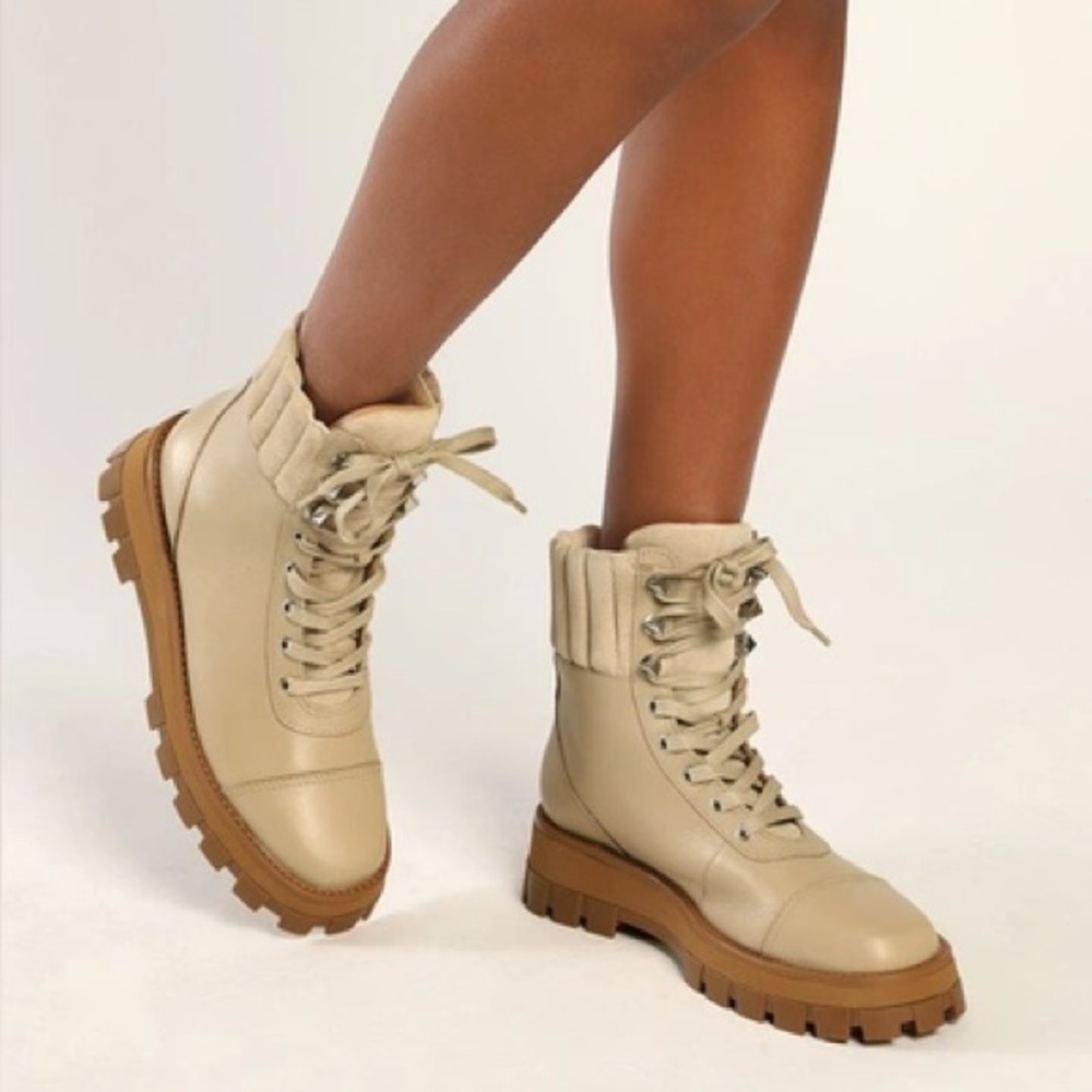 NWT SCHUTZ Cream Leather Lace-Up Studded Boots - Sutton
